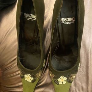 Moschino Suede Pumps Green Floral Print